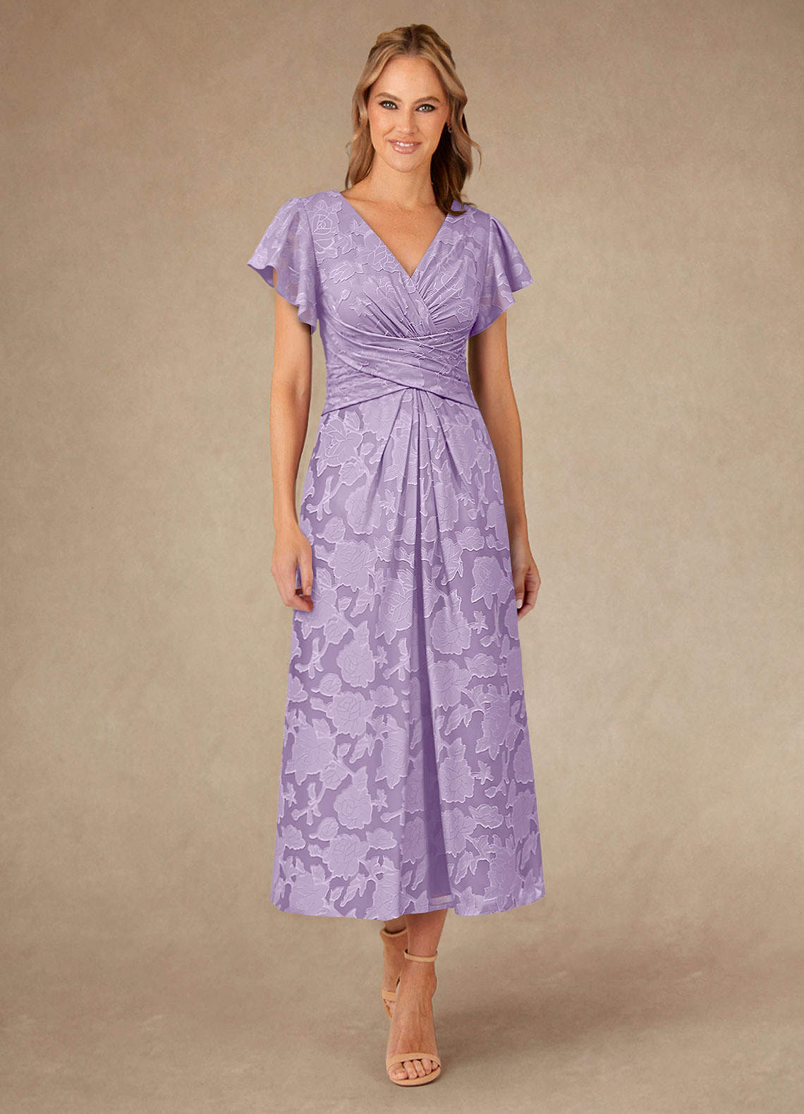 Vera A-Line V-Neck Floral Burnout Mother of the Bride Dress in Lilac