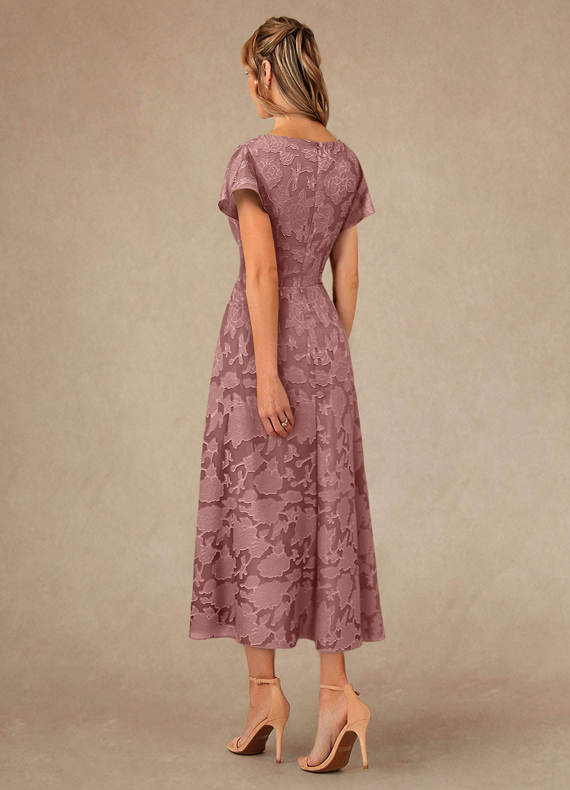 Vera A-Line V-Neck Floral Burnout Mother of the Bride Dress in Dusty Rose