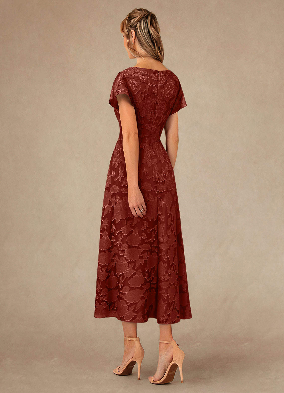 Vera A-Line V-Neck Floral Burnout Mother of the Bride Dress in Terracotta