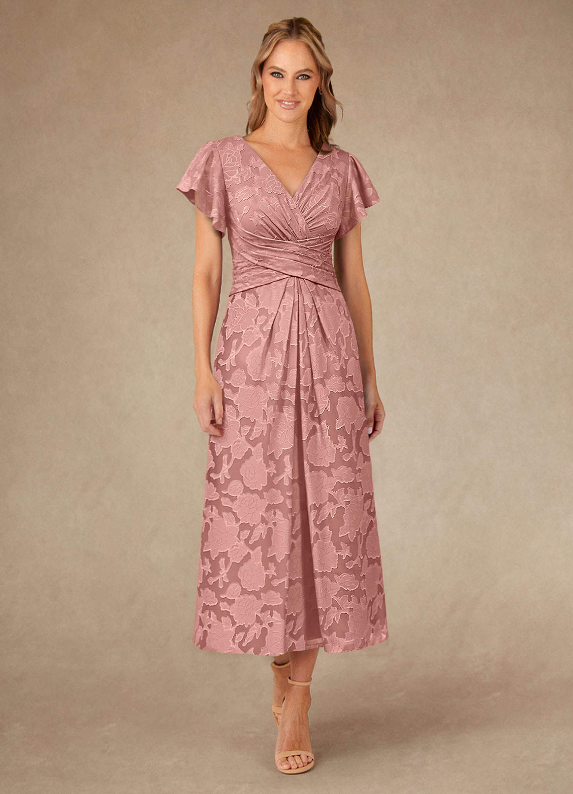 Vera A-Line V-Neck Floral Burnout Mother of the Bride Dress in Rosette
