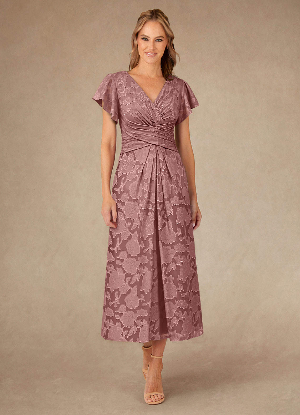 Vera A-Line V-Neck Floral Burnout Mother of the Bride Dress in Dusty Rose