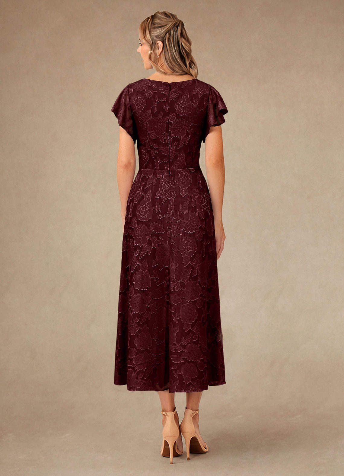 Vera A-Line V-Neck Floral Burnout Mother of the Bride Dress in Cabernet