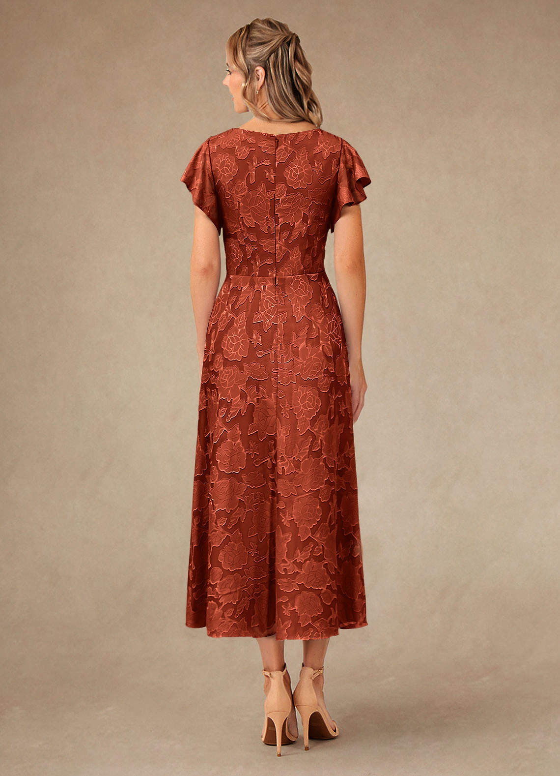 Vera A-Line V-Neck Floral Burnout Mother of the Bride Dress in Auburn