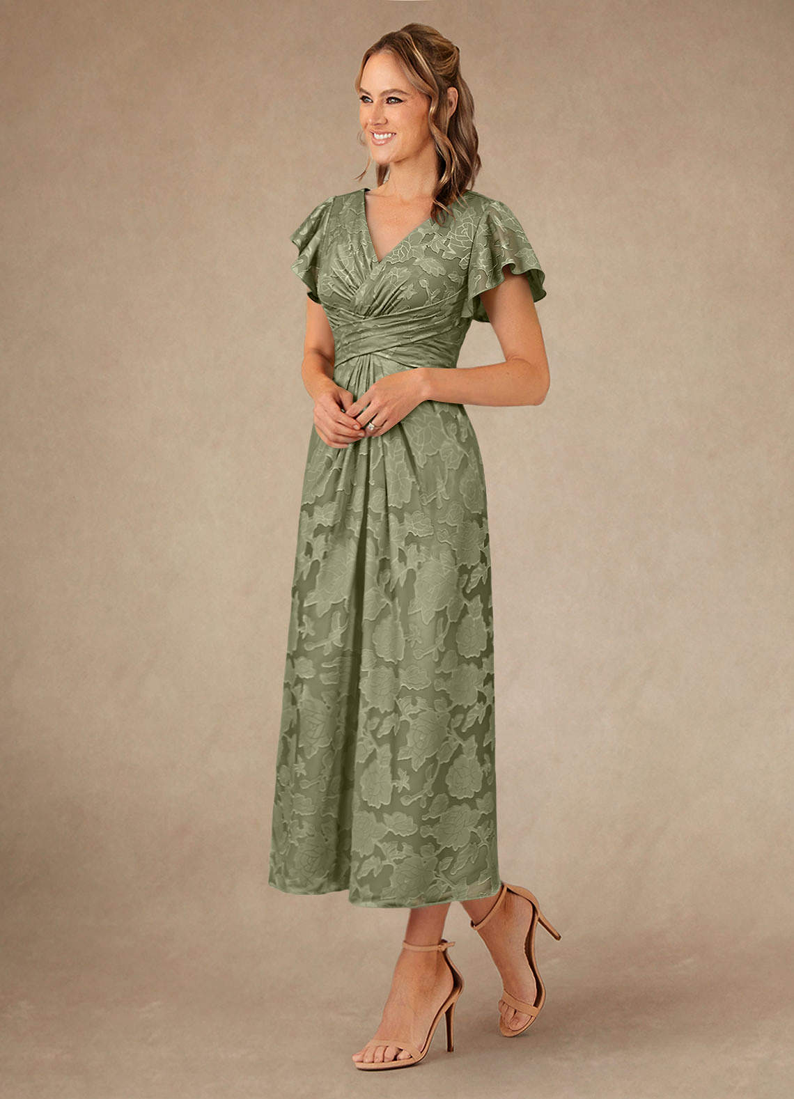 Vera A-Line V-Neck Floral Burnout Mother of the Bride Dress in Pistachio