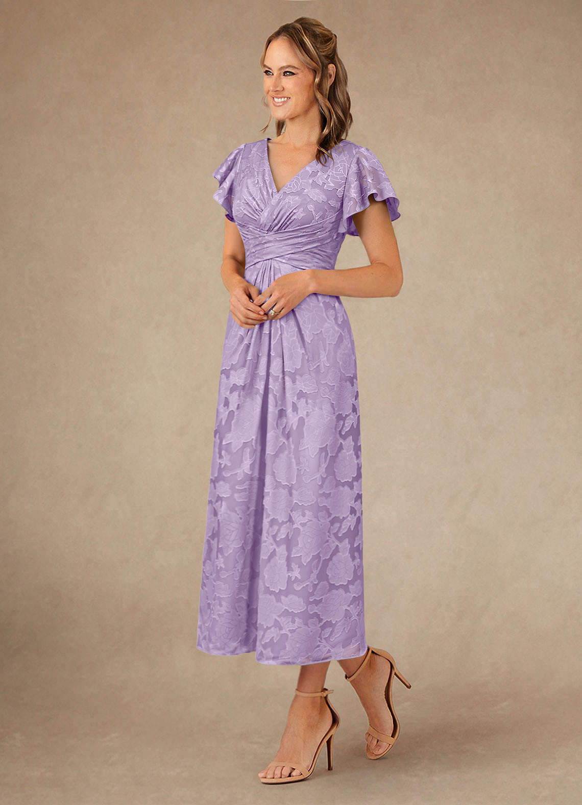 Vera A-Line V-Neck Floral Burnout Mother of the Bride Dress in Lilac