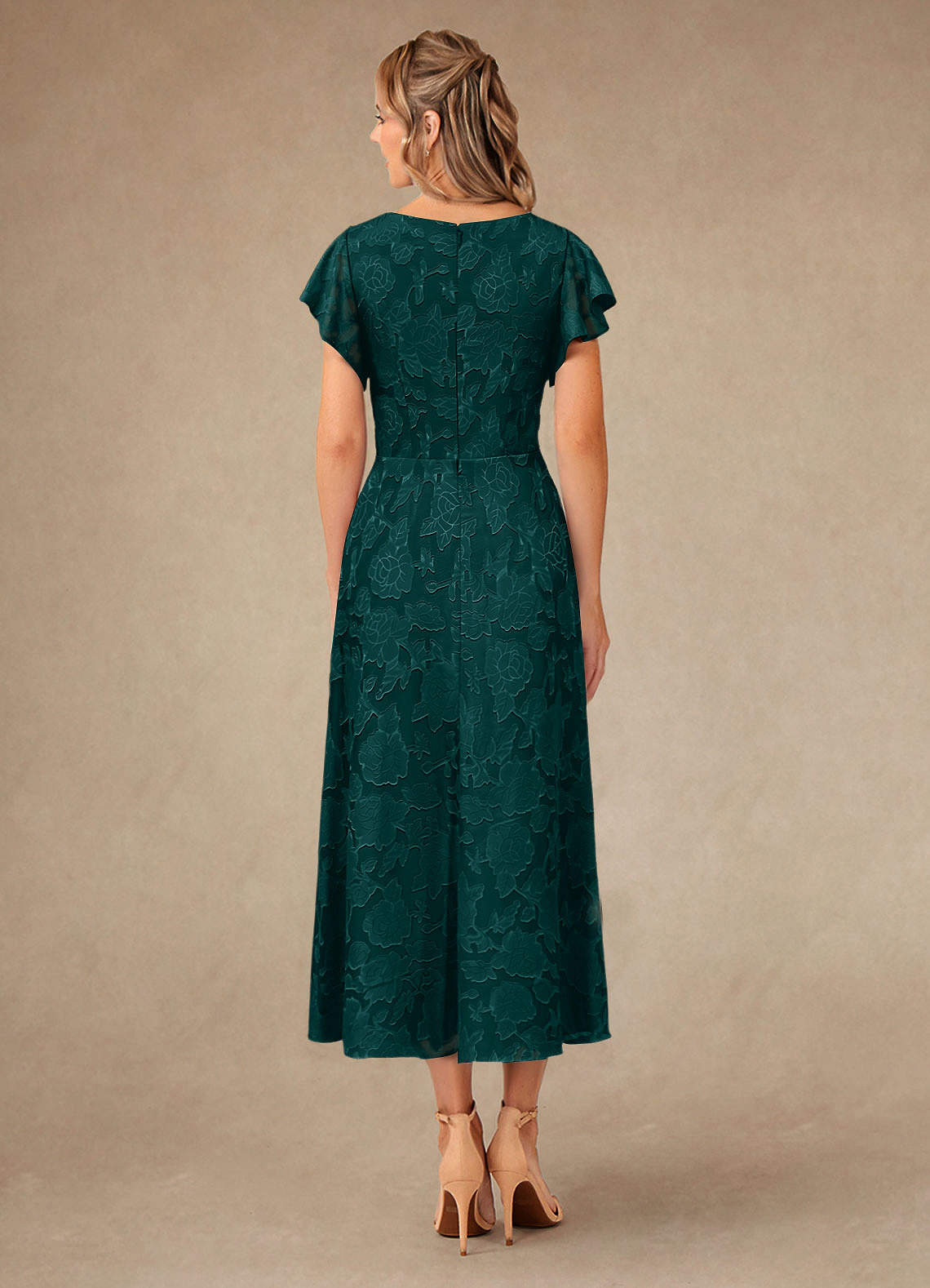 Vera A-Line V-Neck Floral Burnout Mother of the Bride Dress in Pine