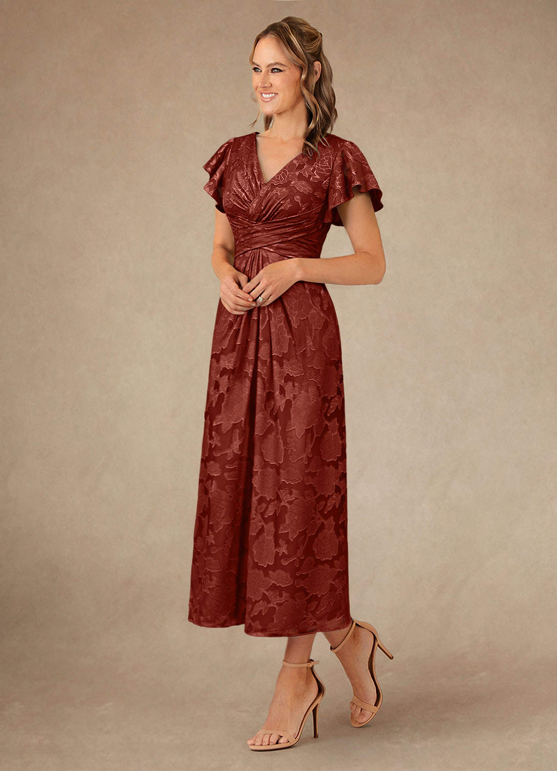 Vera A-Line V-Neck Floral Burnout Mother of the Bride Dress in Terracotta