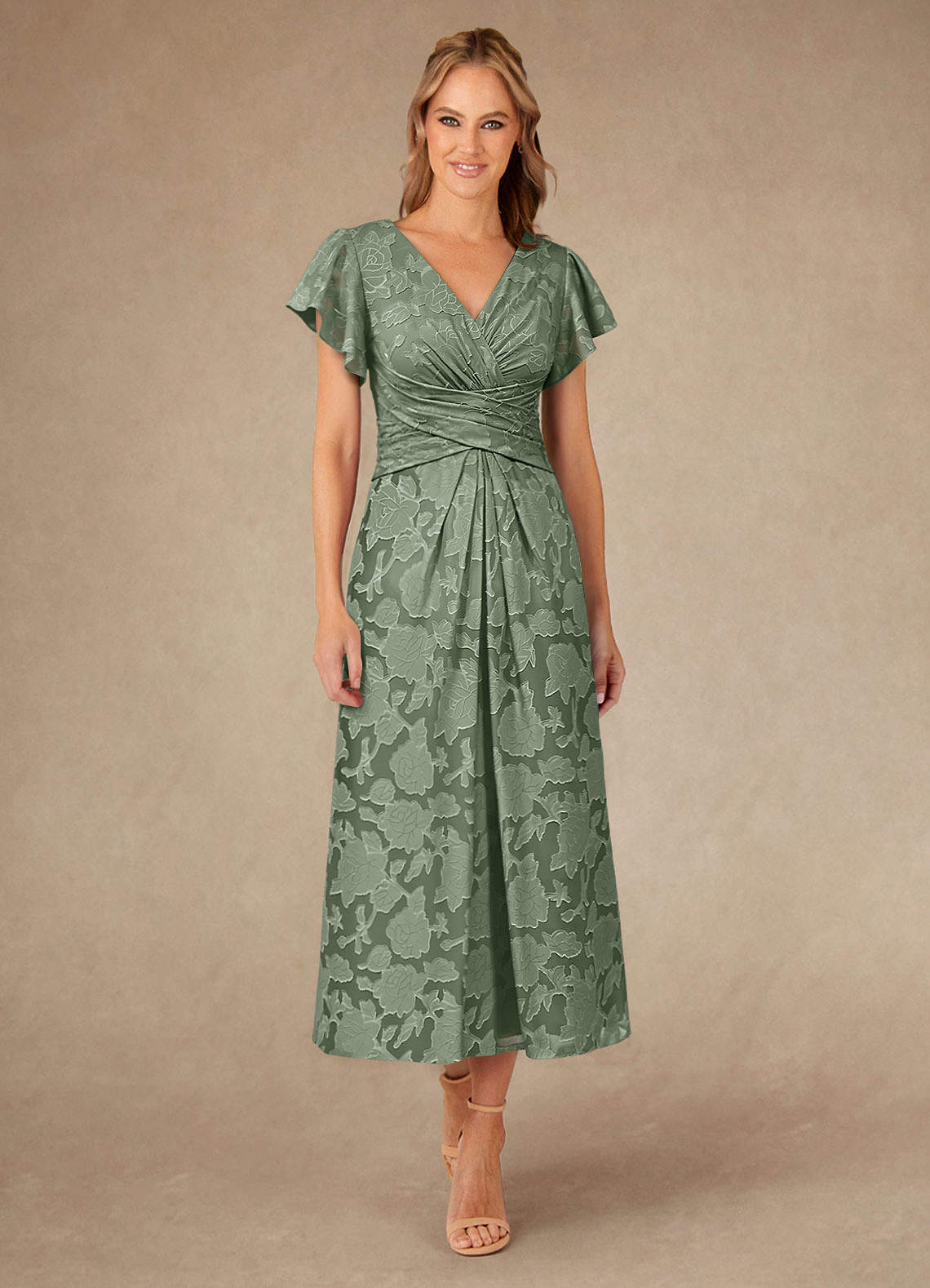Vera A-Line V-Neck Floral Burnout Mother of the Bride Dress in matcha