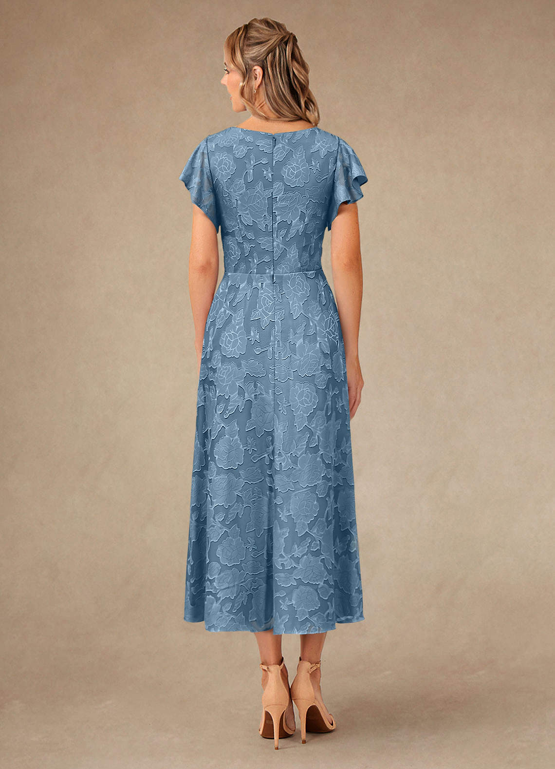 Vera A-Line V-Neck Floral Burnout Mother of the Bride Dress in Steel Blue