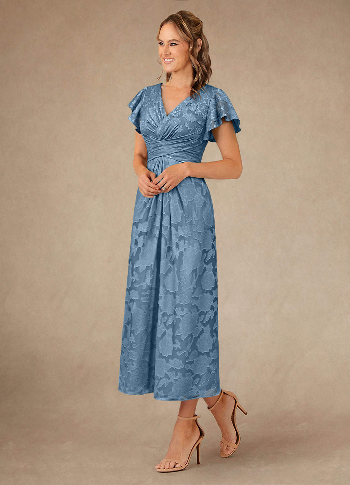 Vera A-Line V-Neck Floral Burnout Mother of the Bride Dress in Steel Blue