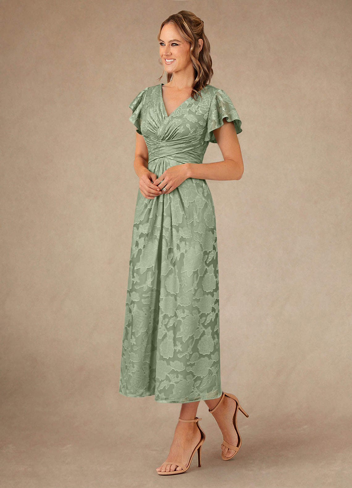 Vera A-Line V-Neck Floral Burnout Mother of the Bride Dress in Dusty Sage