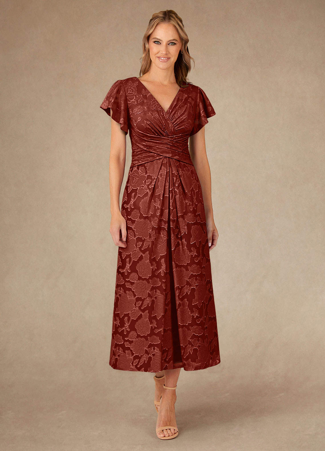 Vera A-Line V-Neck Floral Burnout Mother of the Bride Dress in Terracotta