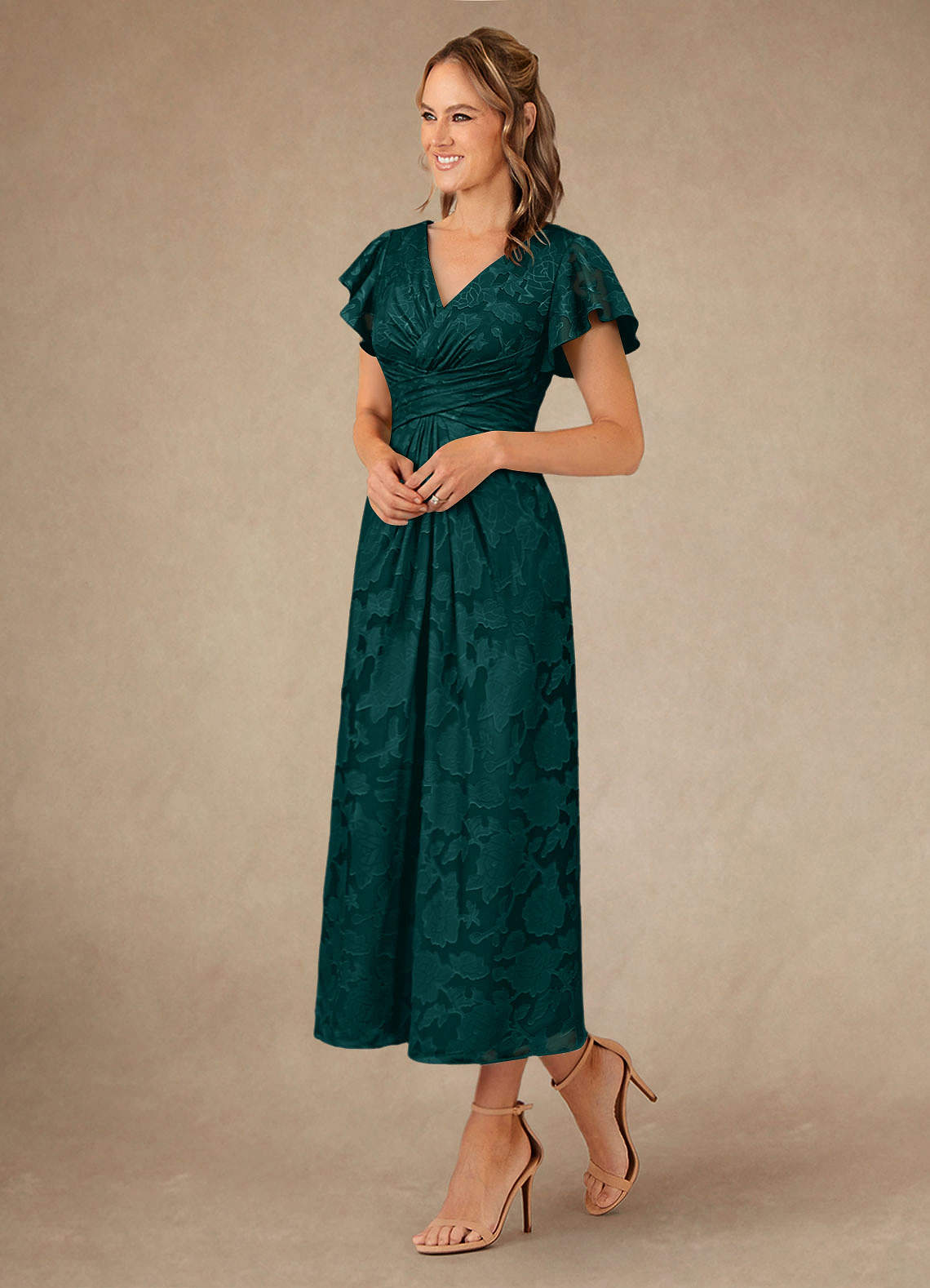 Vera A-Line V-Neck Floral Burnout Mother of the Bride Dress in Pine