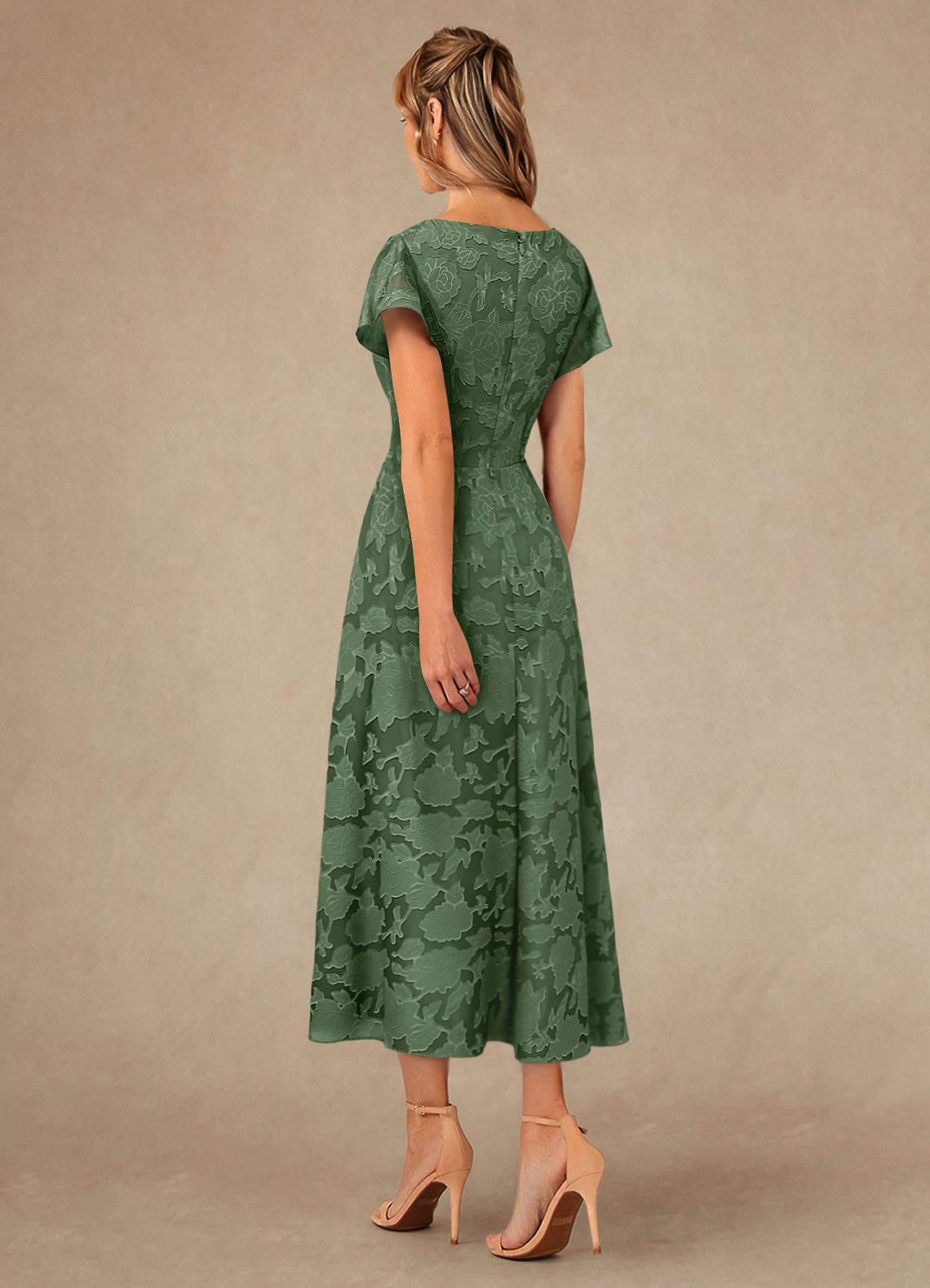 Vera A-Line V-Neck Floral Burnout Mother of the Bride Dress in eucalyptus
