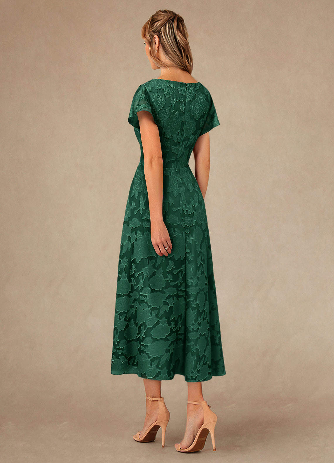 Vera A-Line V-Neck Floral Burnout Mother of the Bride Dress in Dark Green