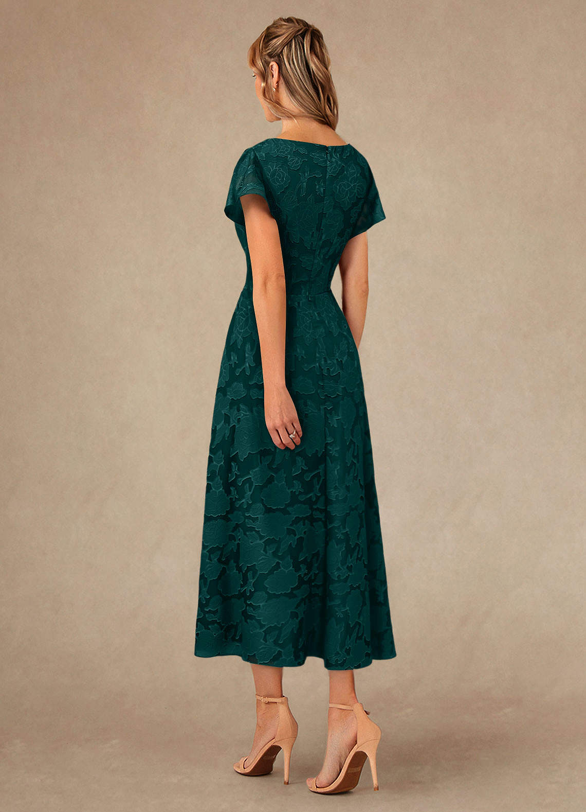 Vera A-Line V-Neck Floral Burnout Mother of the Bride Dress in Pine