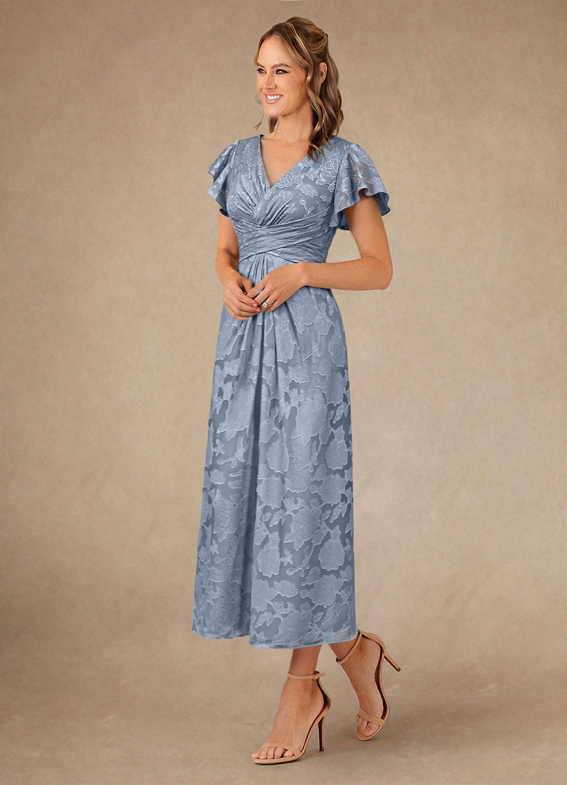 Vera A-Line V-Neck Floral Burnout Mother of the Bride Dress in dusty blue