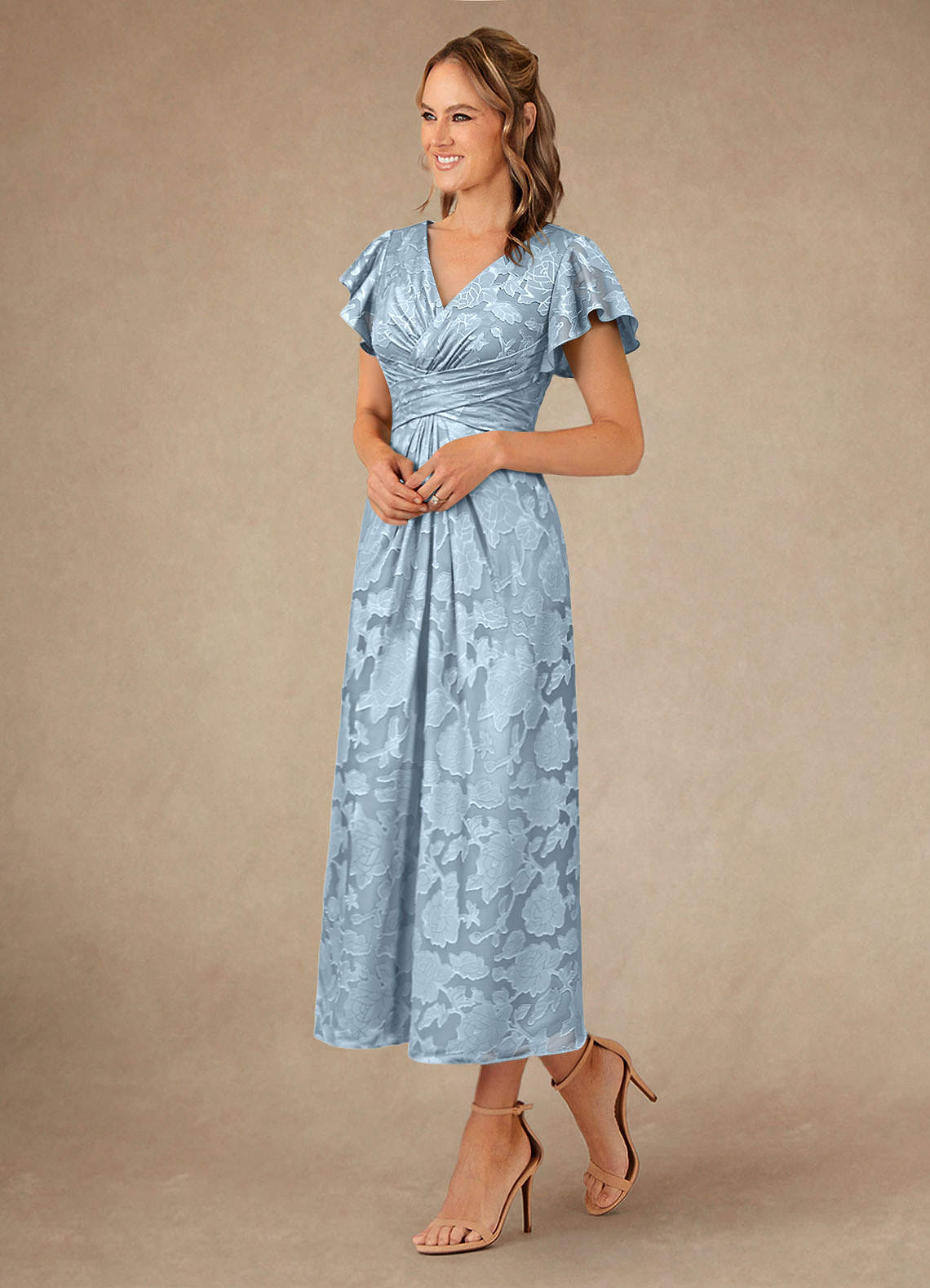 Vera A-Line V-Neck Floral Burnout Mother of the Bride Dress in Sky Blue