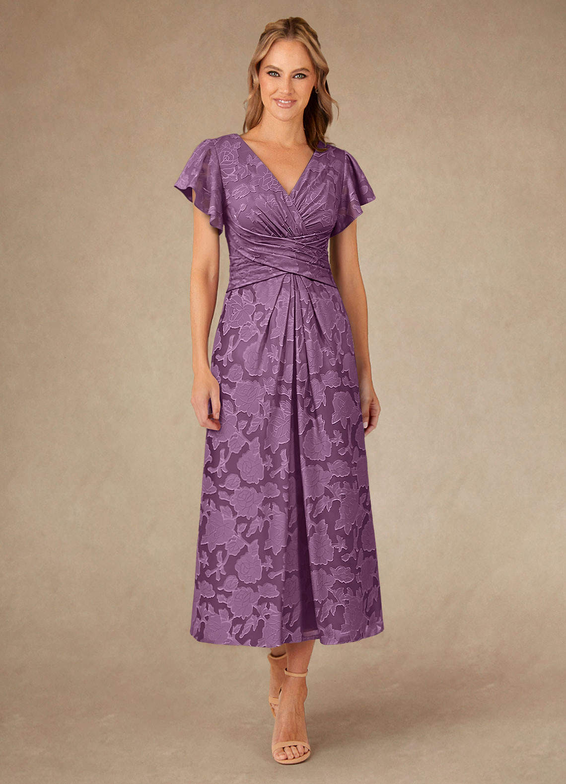 Vera A-Line V-Neck Floral Burnout Mother of the Bride Dress in Wisteria