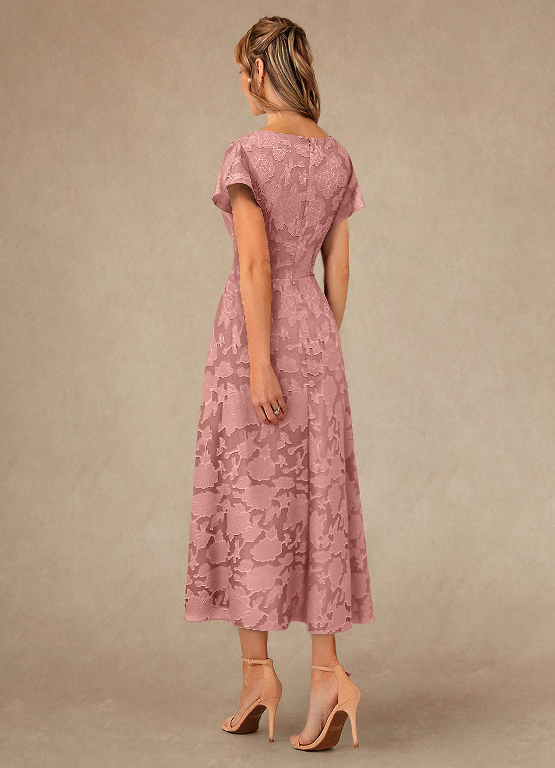 Vera A-Line V-Neck Floral Burnout Mother of the Bride Dress in Rosette