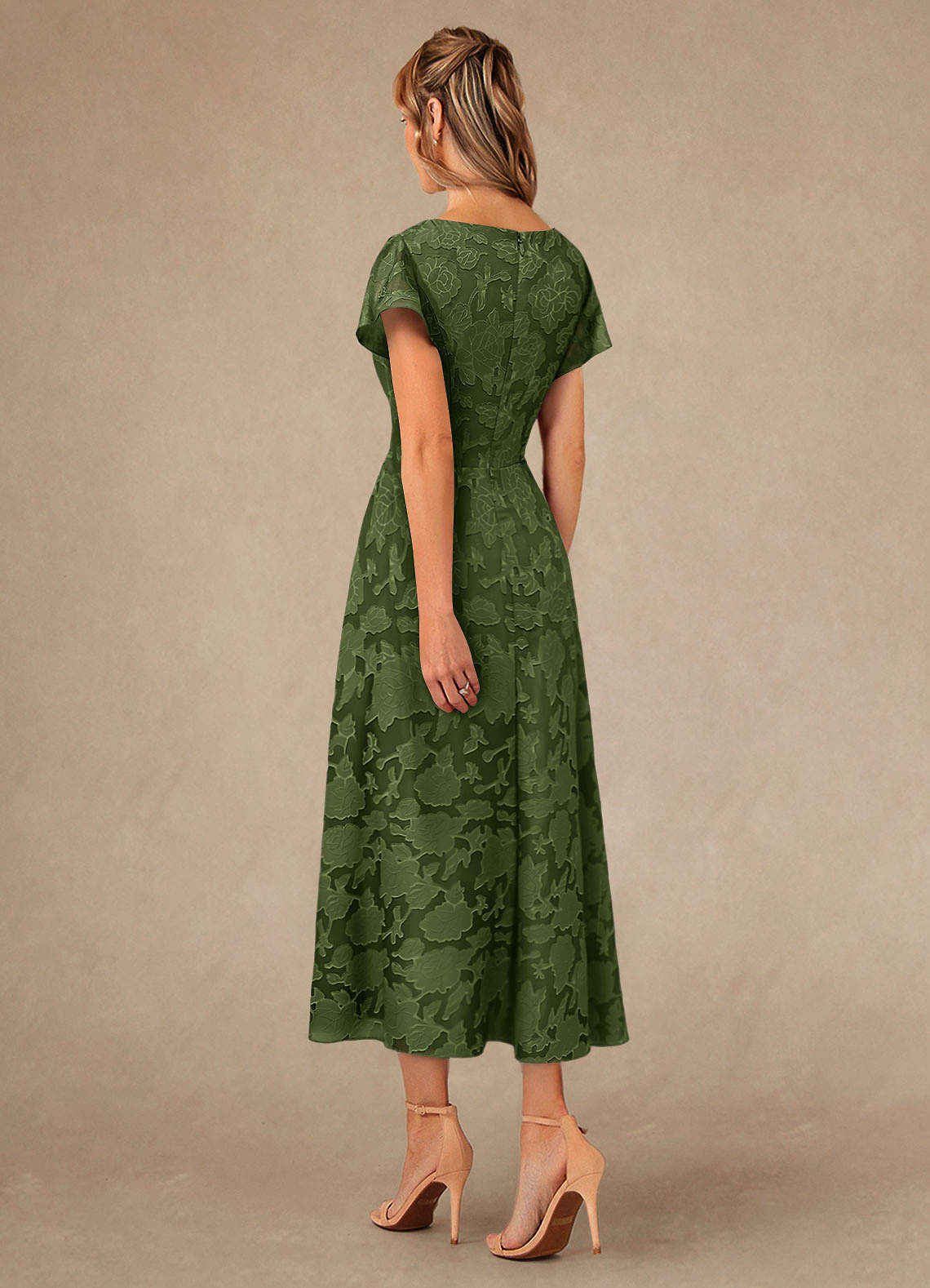 Vera A-Line V-Neck Floral Burnout Mother of the Bride Dress in Olive