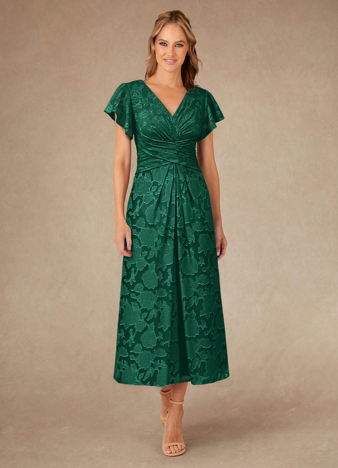 Vera A-Line V-Neck Floral Burnout Mother of the Bride Dress in Emerald