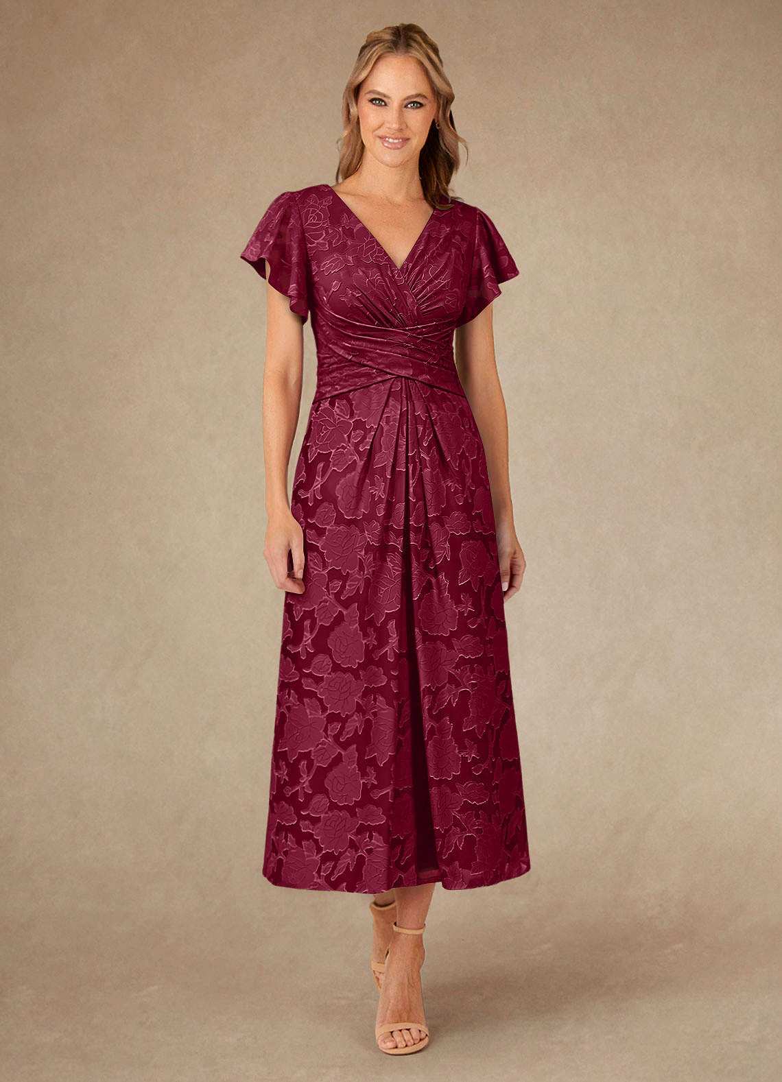 Vera A-Line V-Neck Floral Burnout Mother of the Bride Dress in Burgundy