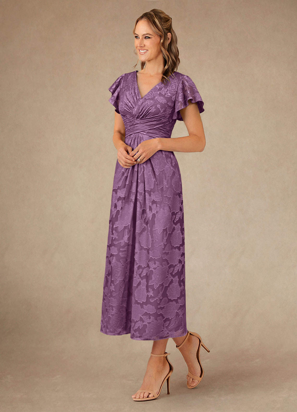 Vera A-Line V-Neck Floral Burnout Mother of the Bride Dress in Wisteria