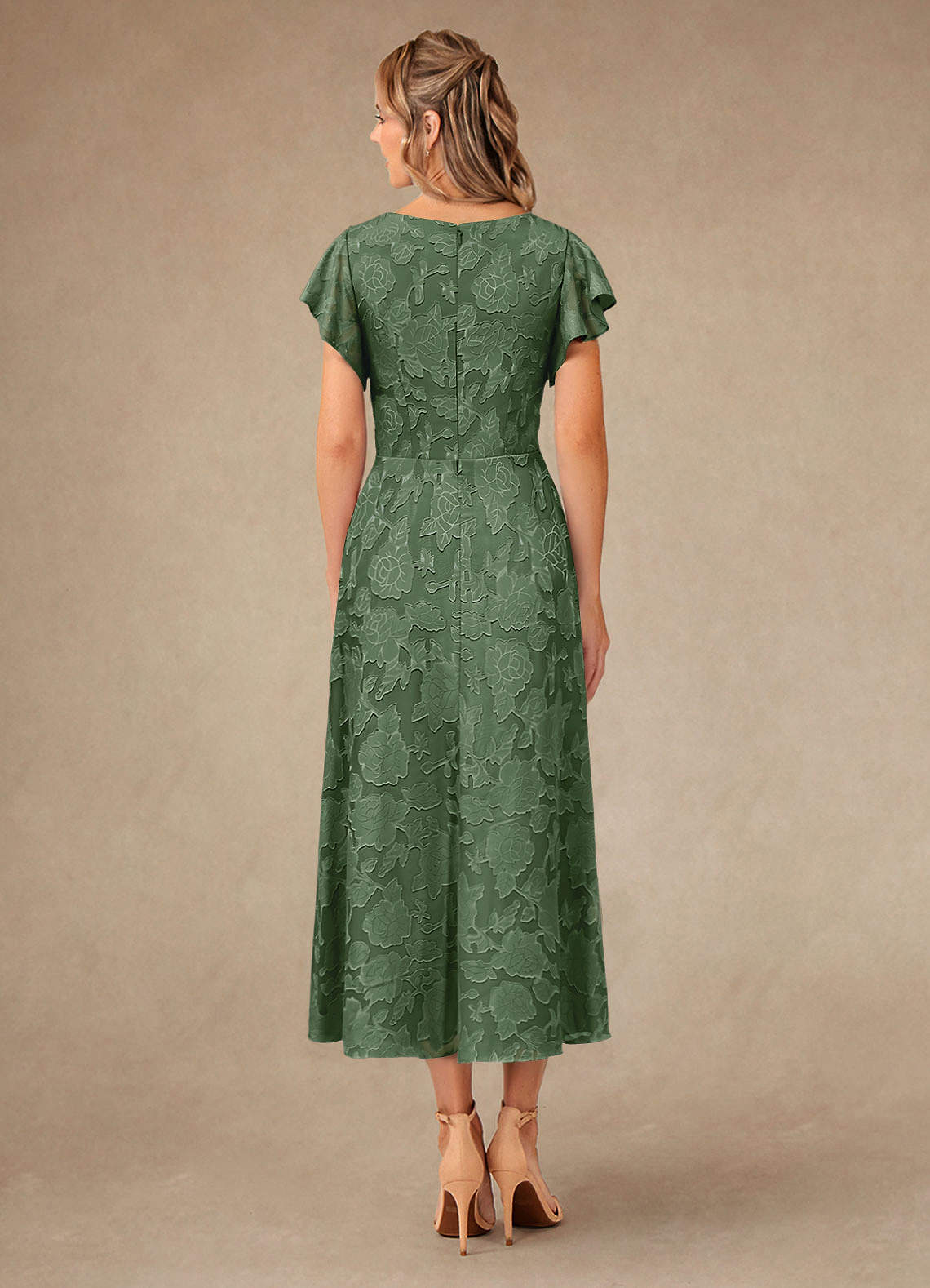 Vera A-Line V-Neck Floral Burnout Mother of the Bride Dress in eucalyptus