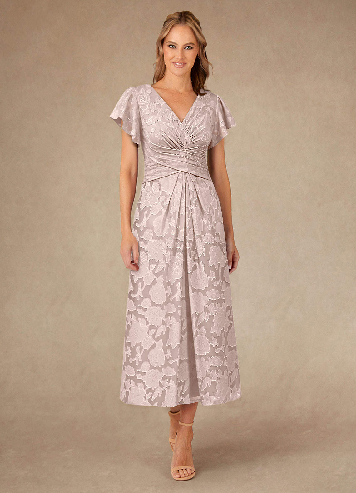 Vera A-Line V-Neck Floral Burnout Mother of the Bride Dress in Blushing Pink
