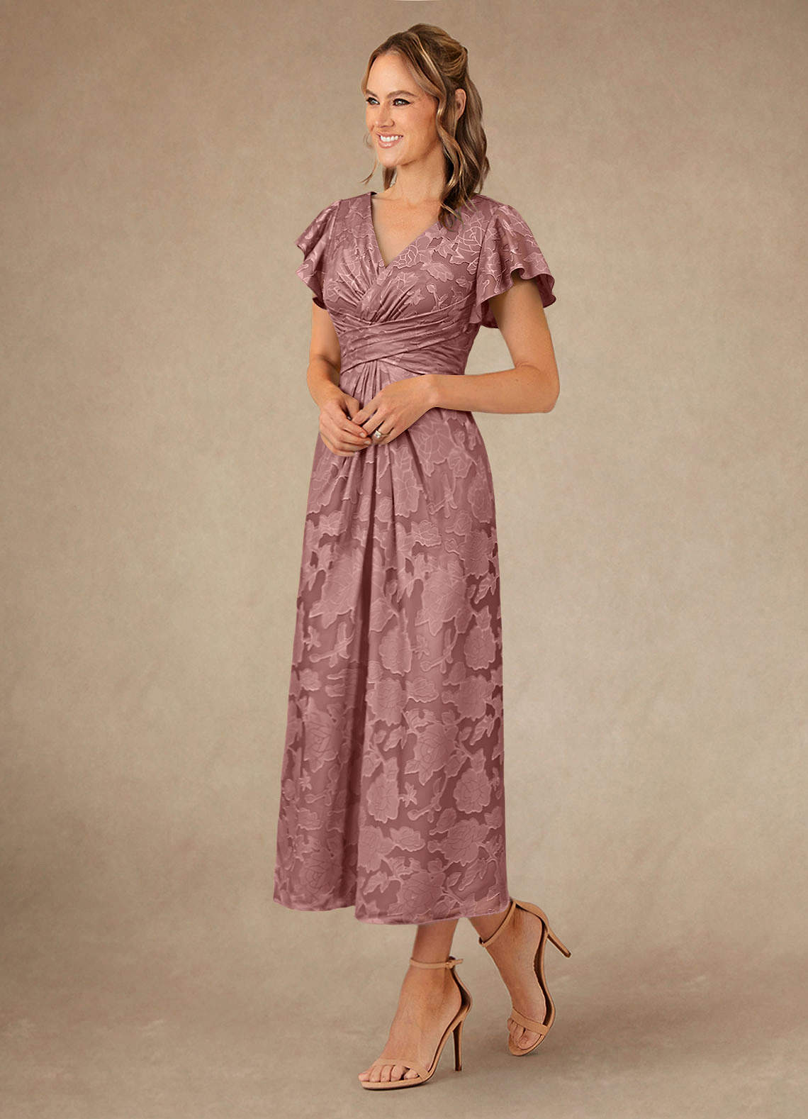 Vera A-Line V-Neck Floral Burnout Mother of the Bride Dress in Dusty Rose