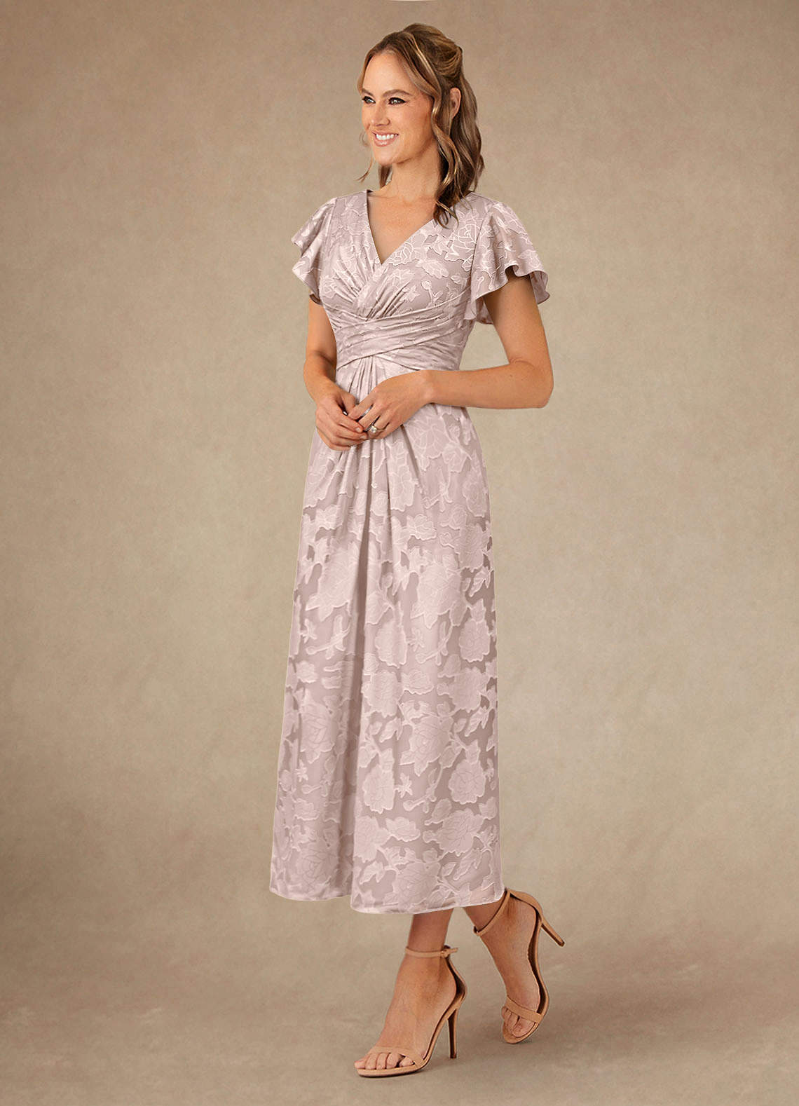Vera A-Line V-Neck Floral Burnout Mother of the Bride Dress in Blushing Pink