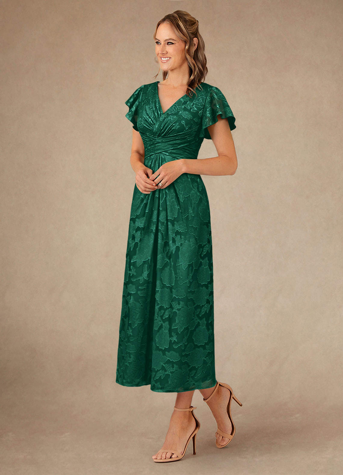 Vera A-Line V-Neck Floral Burnout Mother of the Bride Dress in Emerald