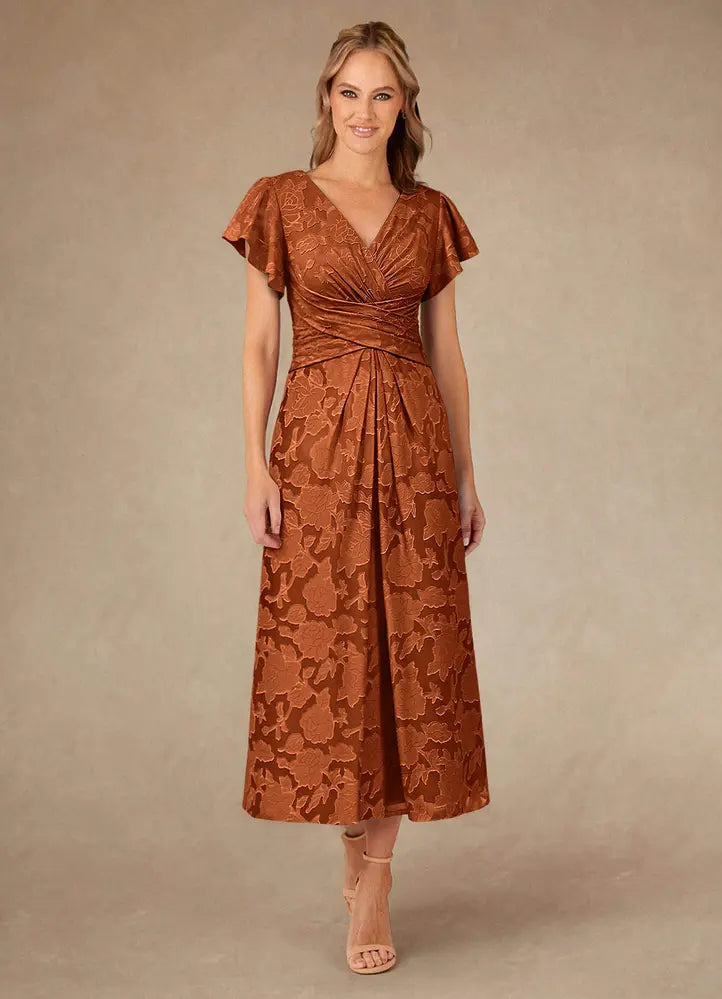 Vera A-Line V-Neck Floral Burnout Mother of the Bride Dress in Burnt Orange