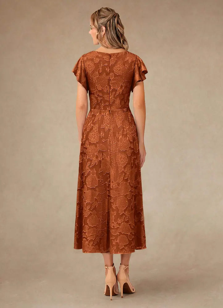 Vera A-Line V-Neck Floral Burnout Mother of the Bride Dress in Burnt Orange