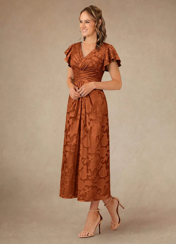 Vera A-Line V-Neck Floral Burnout Mother of the Bride Dress in Burnt Orange