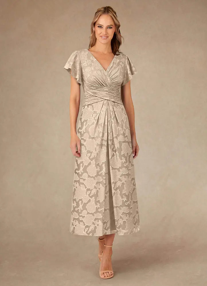 Vera A-Line V-Neck Floral Burnout Mother of the Bride Dress in Champagne