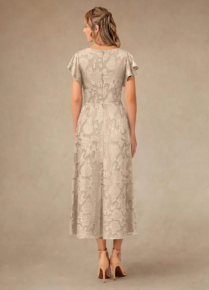 Vera A-Line V-Neck Floral Burnout Mother of the Bride Dress in Champagne