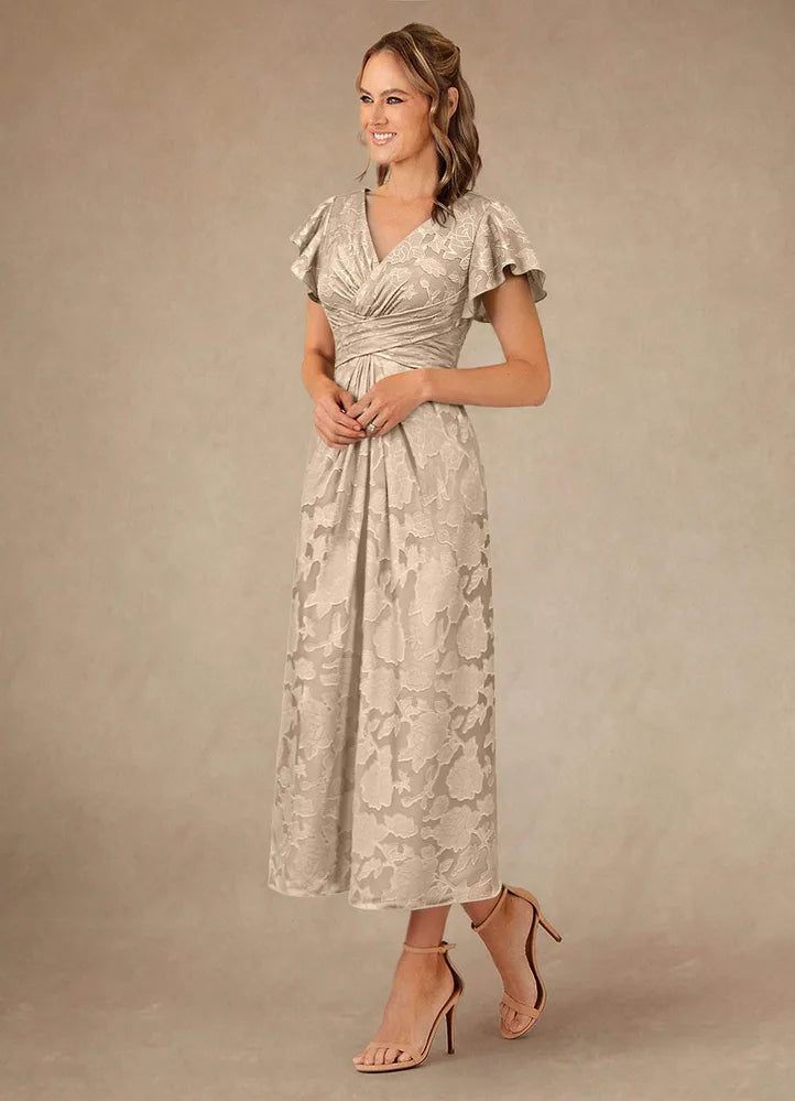 Vera A-Line V-Neck Floral Burnout Mother of the Bride Dress in Champagne