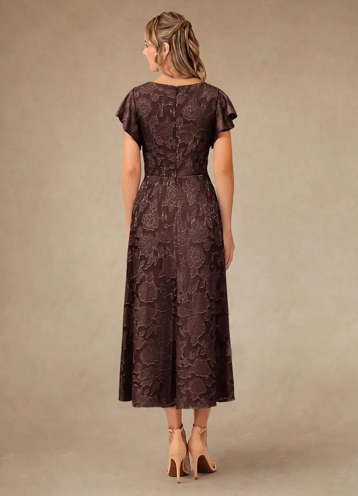 Vera A-Line V-Neck Floral Burnout Mother of the Bride Dress in Ganache