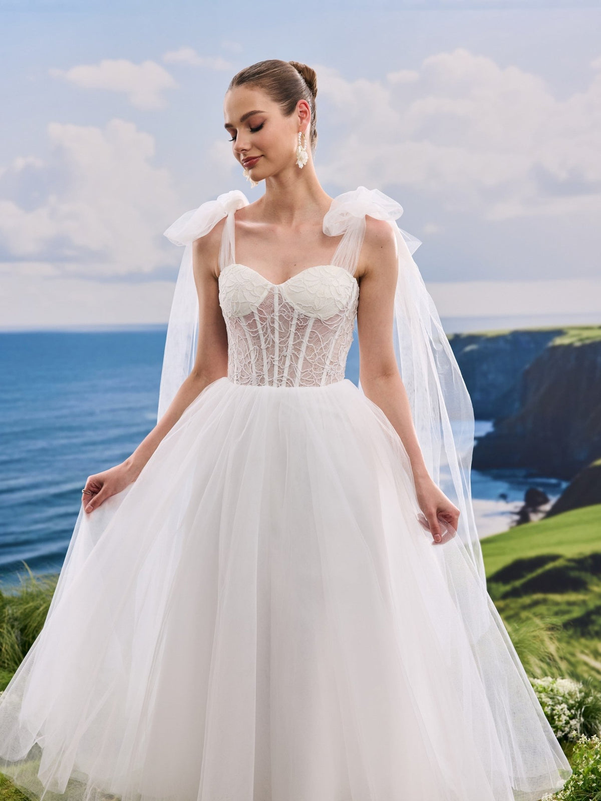 Verielle white A-Line wedding dress, detail and alternate angle