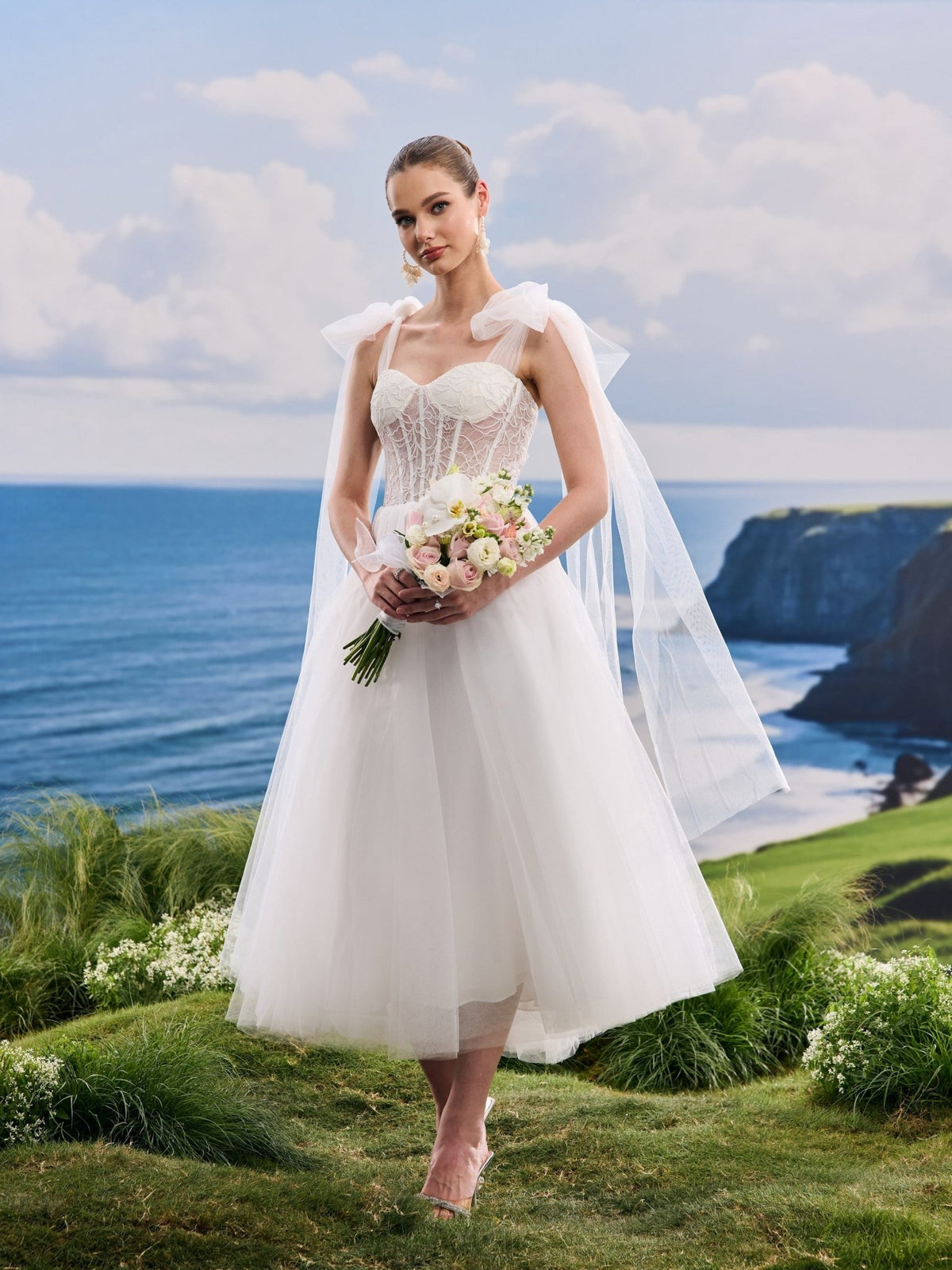 Verielle white A-Line wedding dress, detail and alternate angle