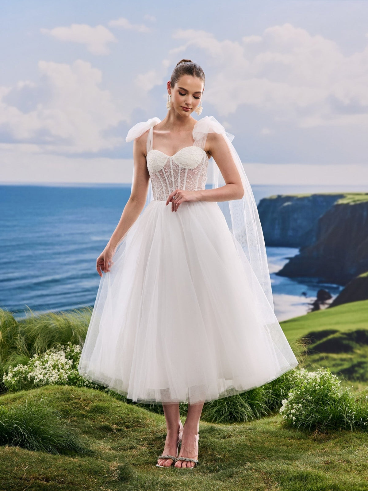 Verielle white A-Line wedding dress, detail and alternate angle