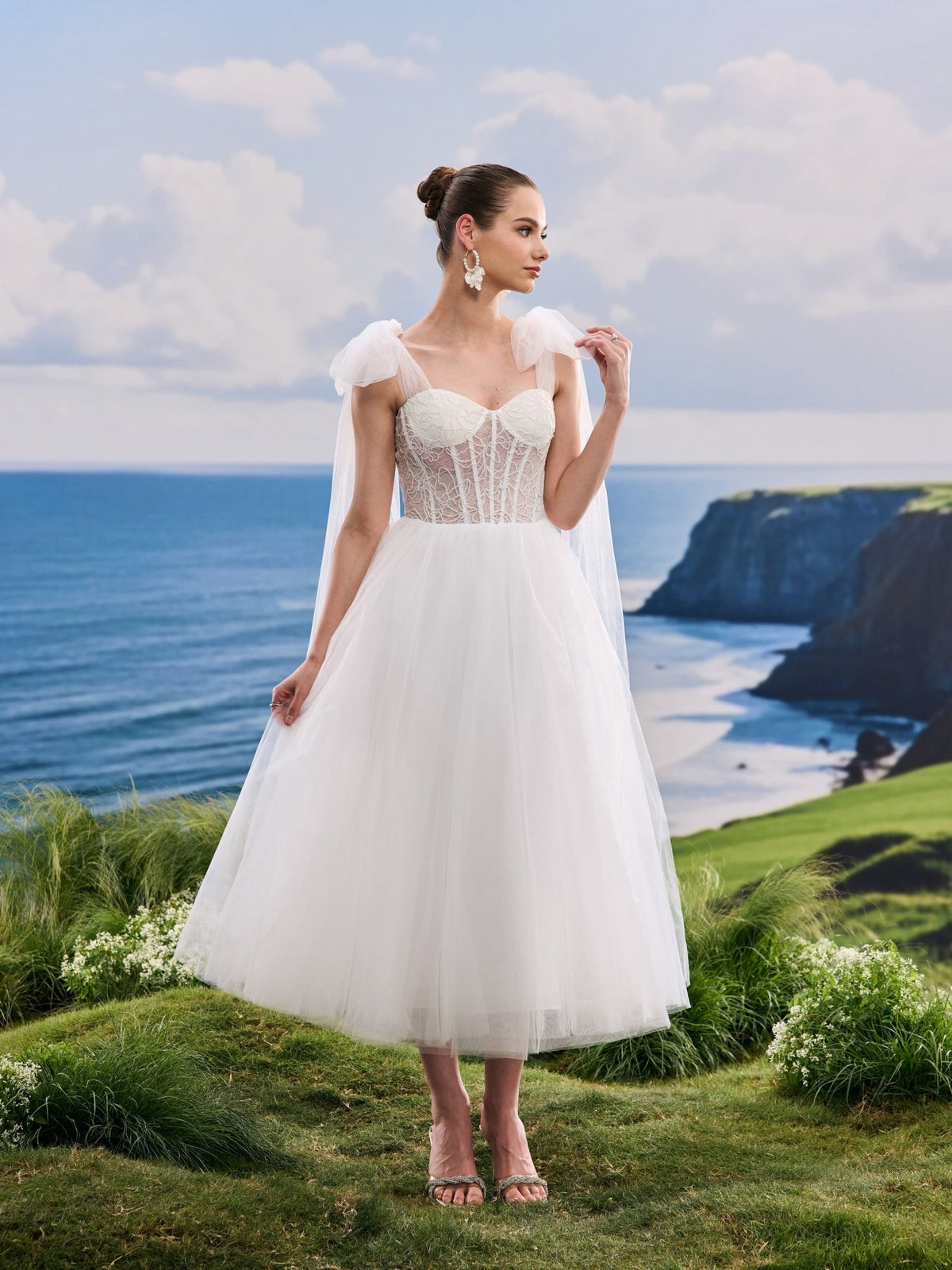 Verielle white A-Line wedding dress, detail and alternate angle