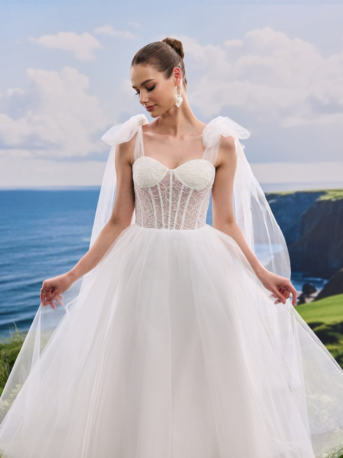 Verielle white A-Line wedding dress, detail and alternate angle