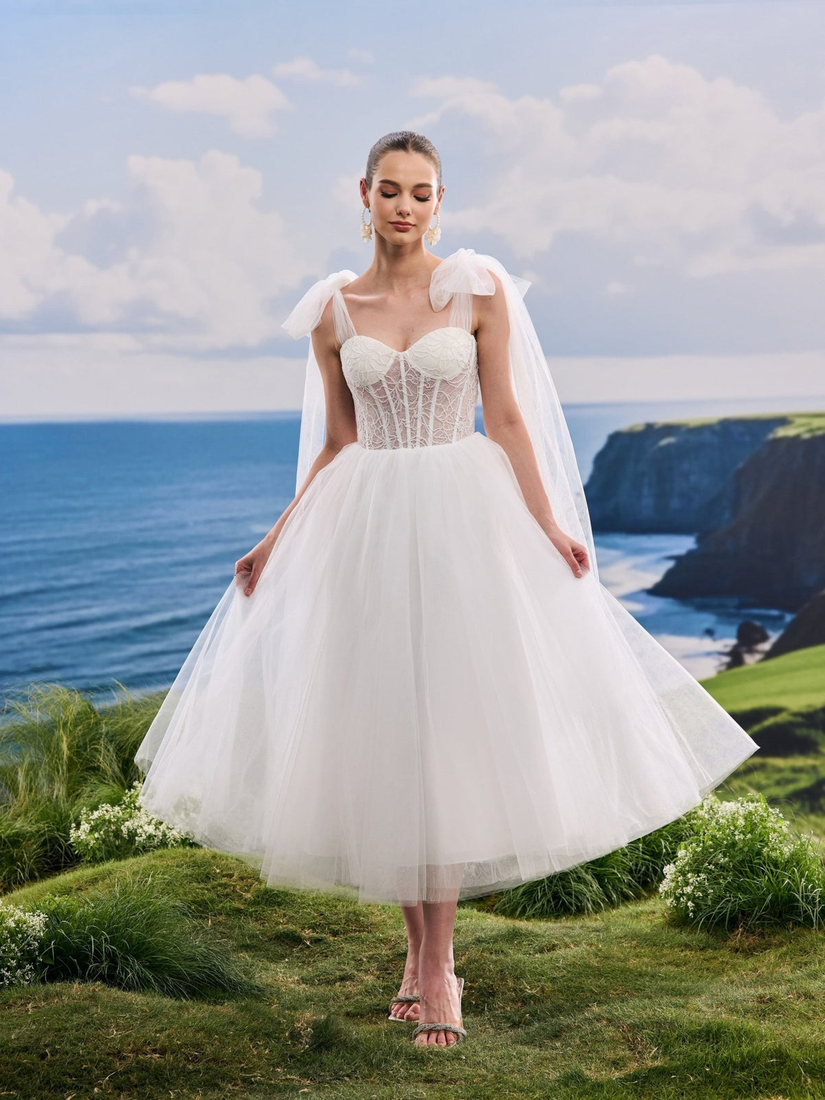 Verielle white A-Line wedding dress, detail and alternate angle