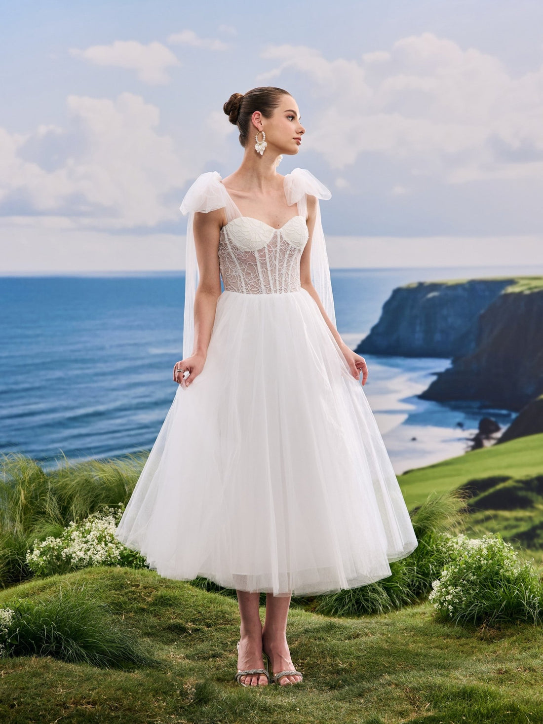 Verielle white A-Line wedding dress, detail and alternate angle