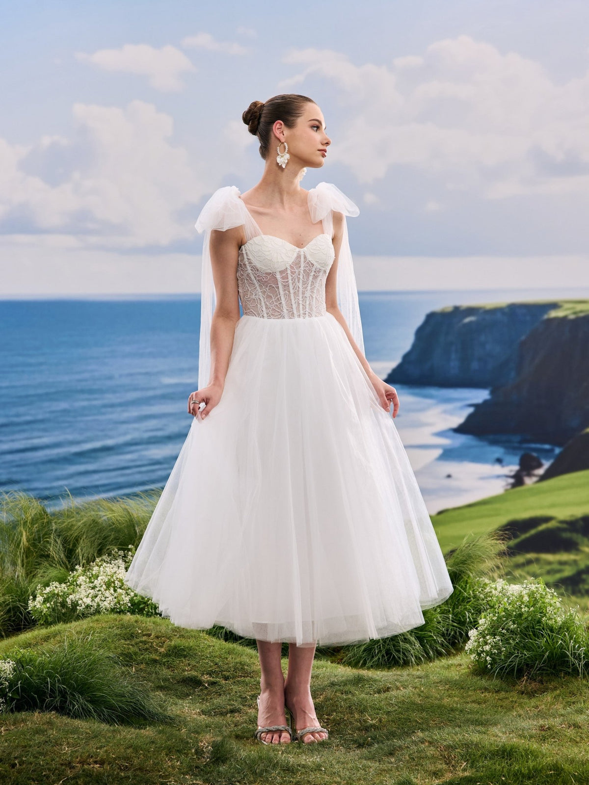 Verielle white A-Line wedding dress, detail and alternate angle