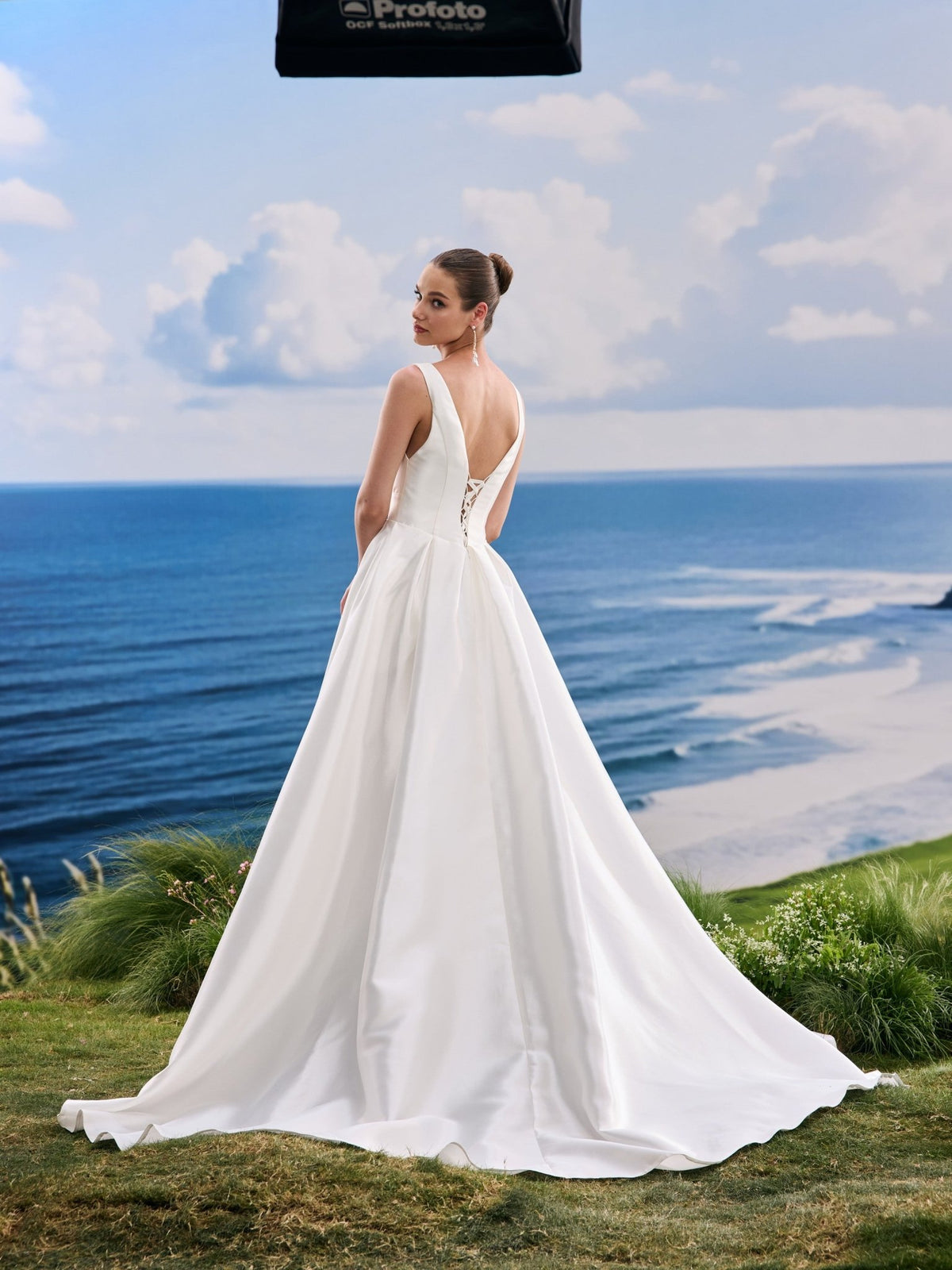 Veyra satin wedding dress - back view