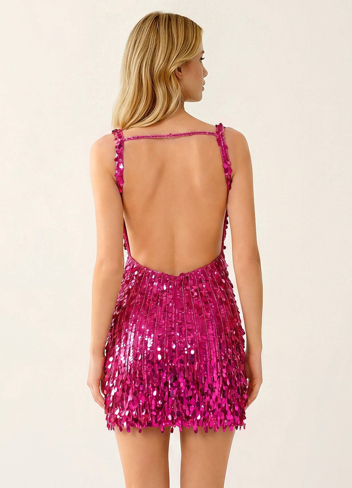 Viennejoie Bodycon Mini V-Neck Sequined Stretch Mesh Prom Dress in Fuchsia